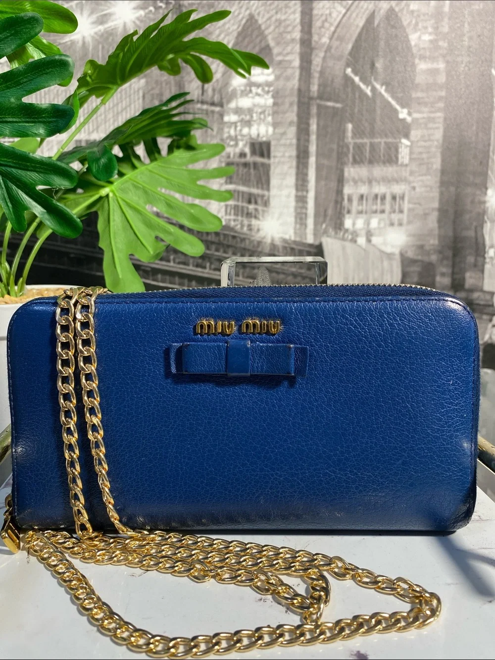 Authentic Miu Miu Royal Blue Leather Bow Long Wallet